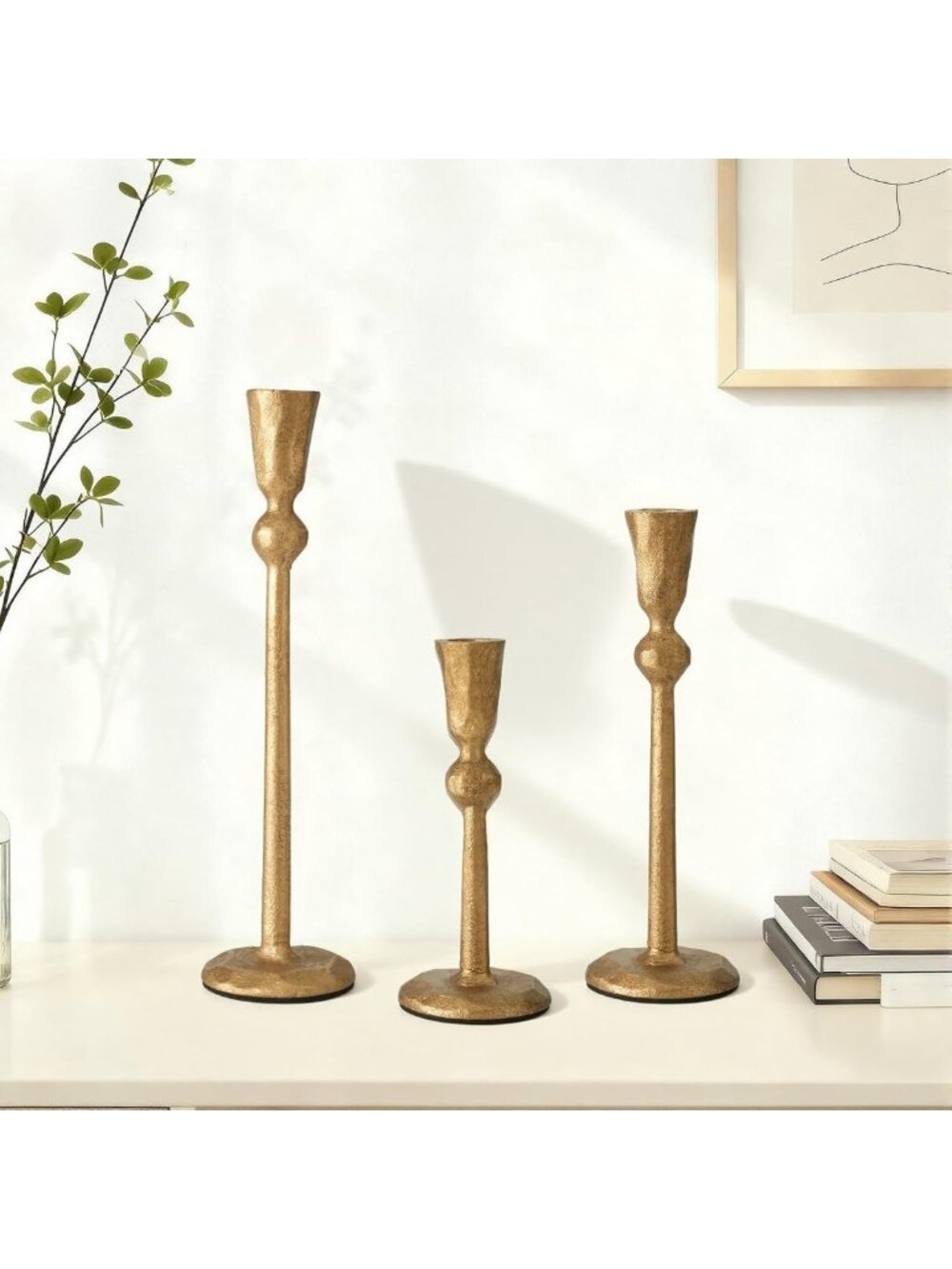 Vintage-Inspired Set of 3 Antique Brass Taper Candle Holders - Elegant Iron